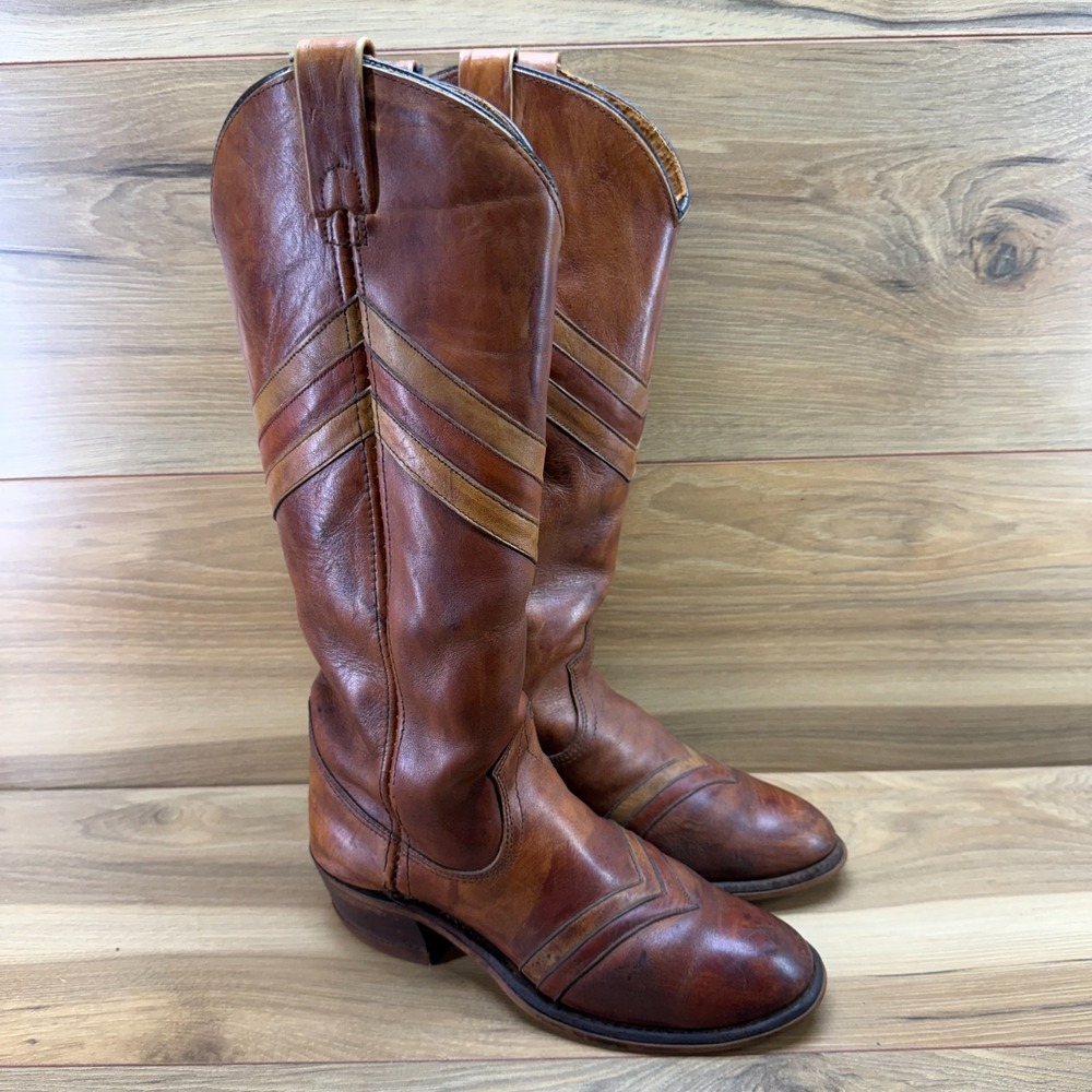Miss Capezio Vintage Tall Western Boots 6 M Whiskey Cognac Chevron Boho Festival